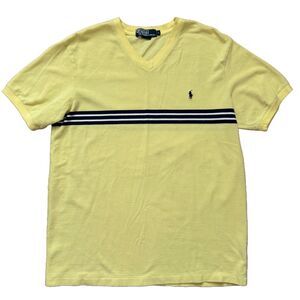 Vintage Polo Ralph Lauren Mens Yellow Stripe  Short Sleeve V-Neck Shirt Size L